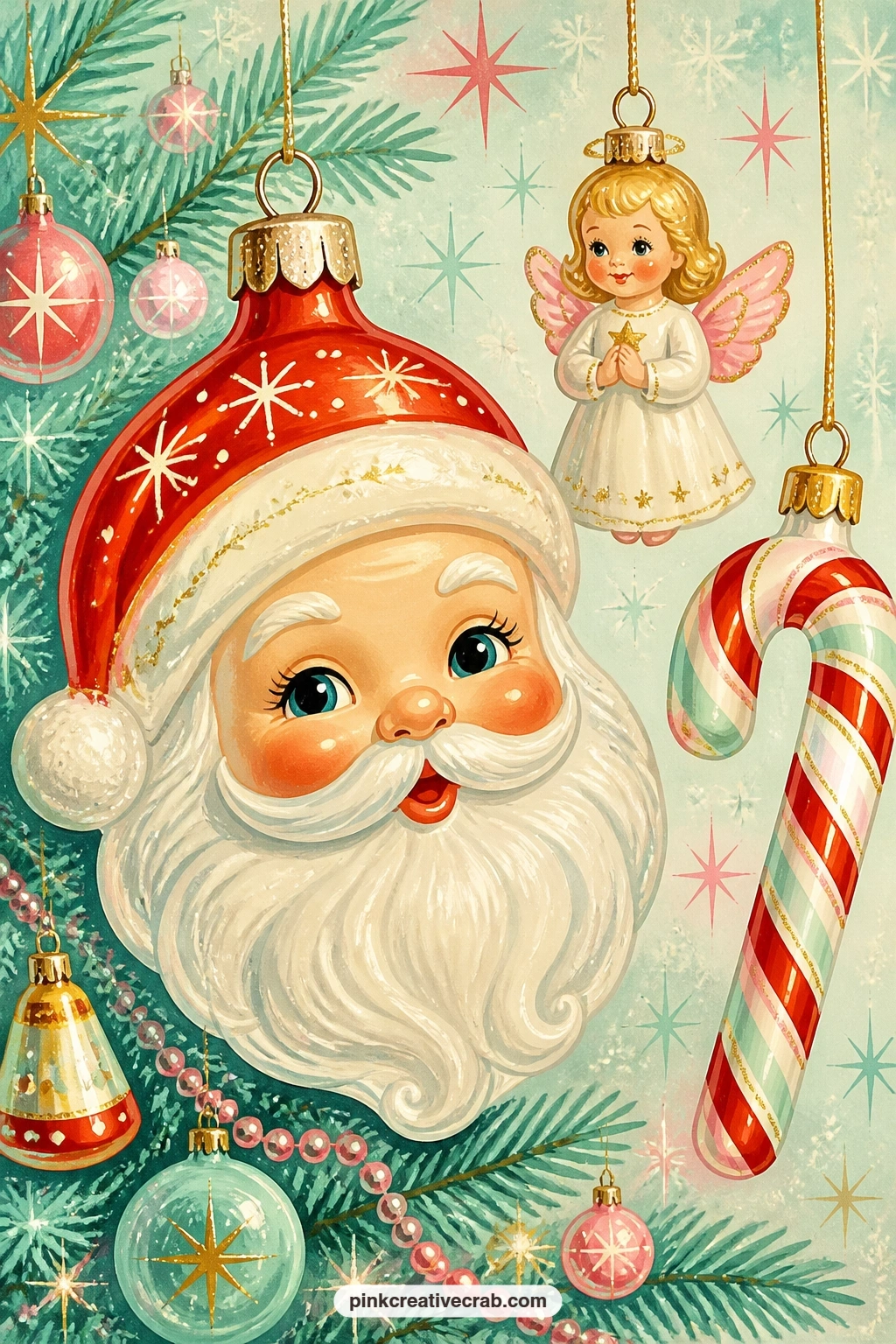 Painted White Beard Santa Ornament printable page — A glass Santa ornament with a painted white beard and rosy cheeks hangs beside a smaller angel ornament and