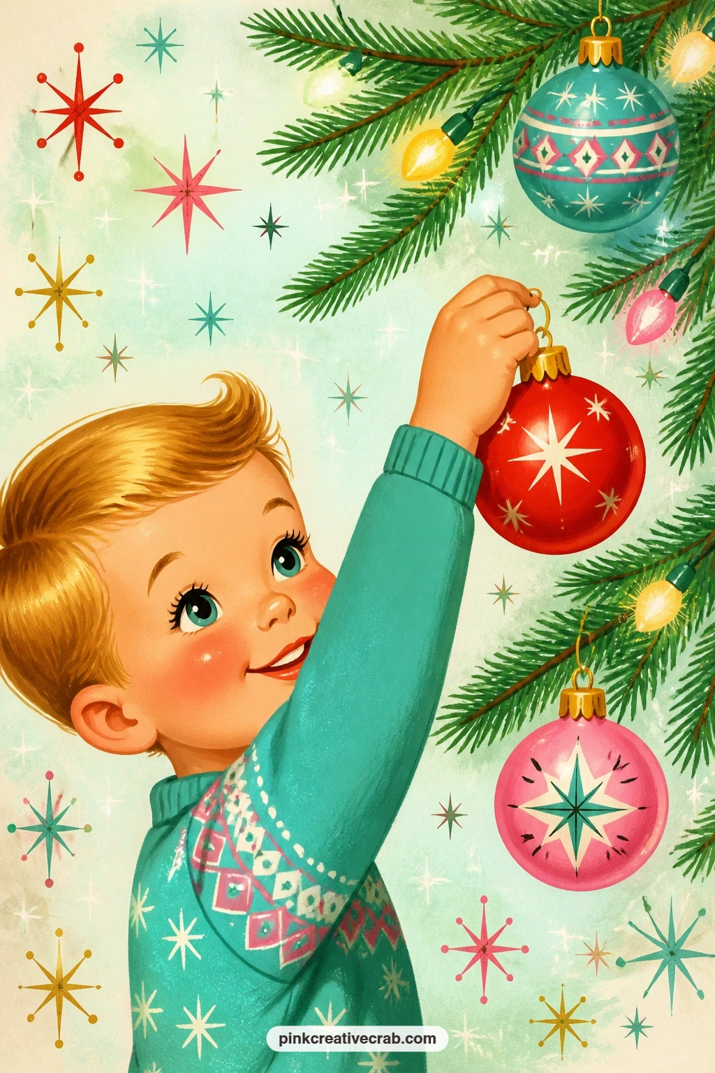 Child Hanging A Red Ornament printable page — Keep a short caption line under this one, just a name and an age, since this page tends to become the one page in