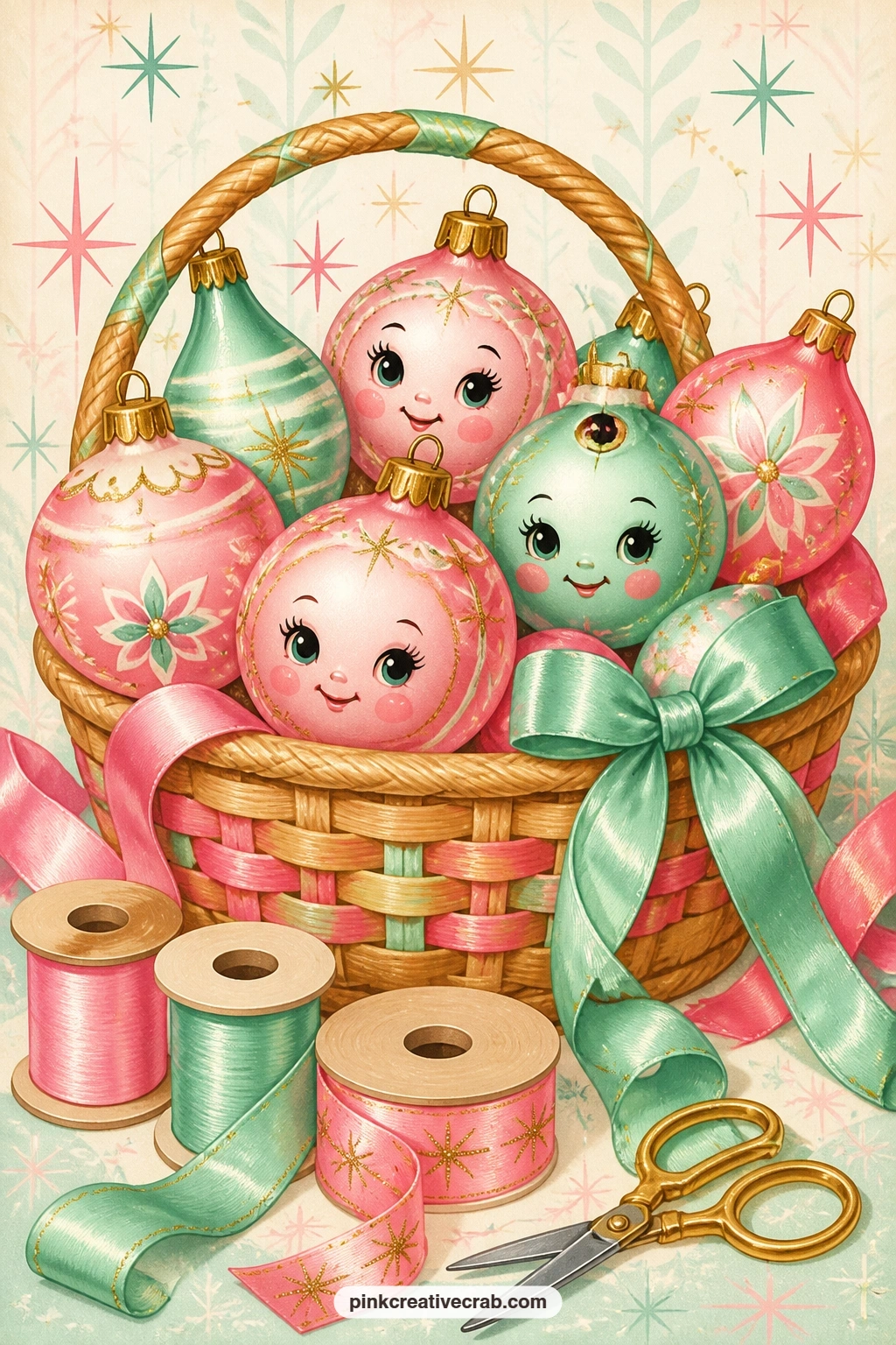 Basket Of Satin Ornaments And Ribbon printable page — This page suits whoever in the family keeps every spool of ribbon from every wrapped gift: a basket of