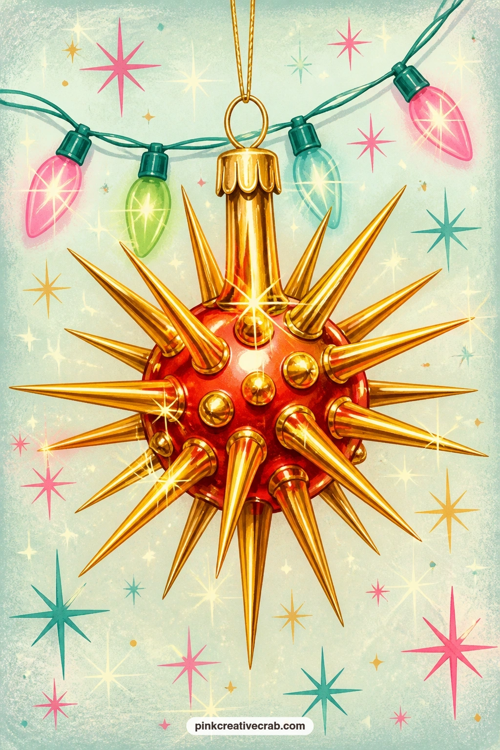 Glowing Sputnik Spike Ornament printable page — Sputnik spike ornaments like this one earn a whole page to themselves because their gold spikes catch light