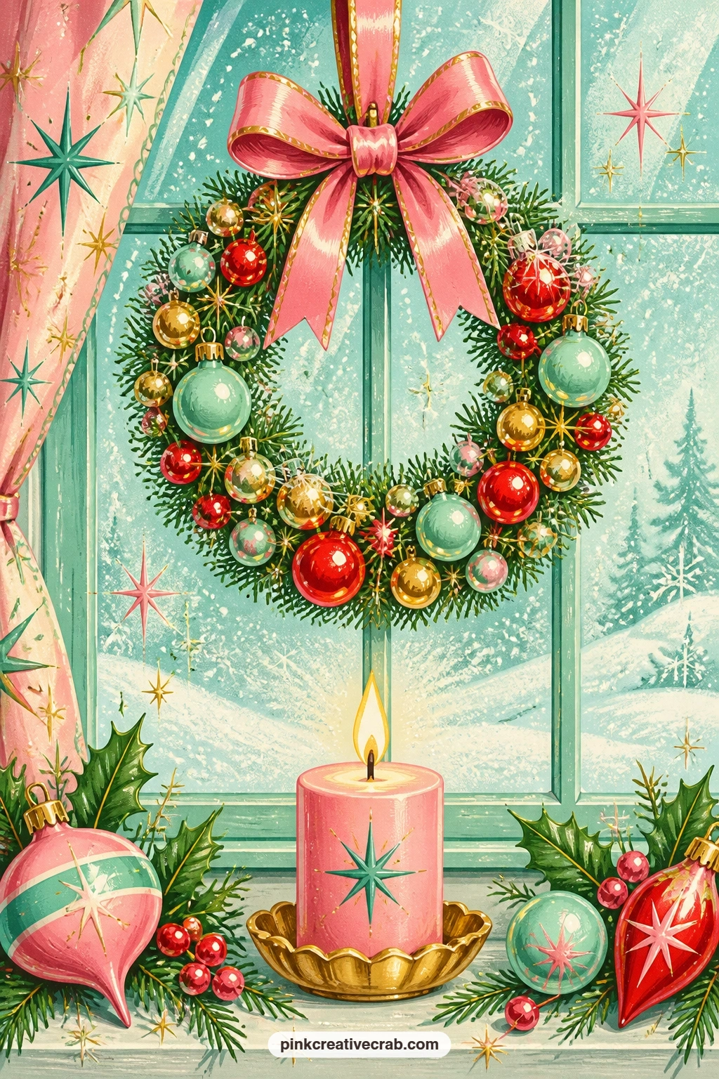 Window Wreath With Mini Glass Balls printable page — A small wreath decorated with mini glass balls in red, mint and gold hangs against a frosted window pane