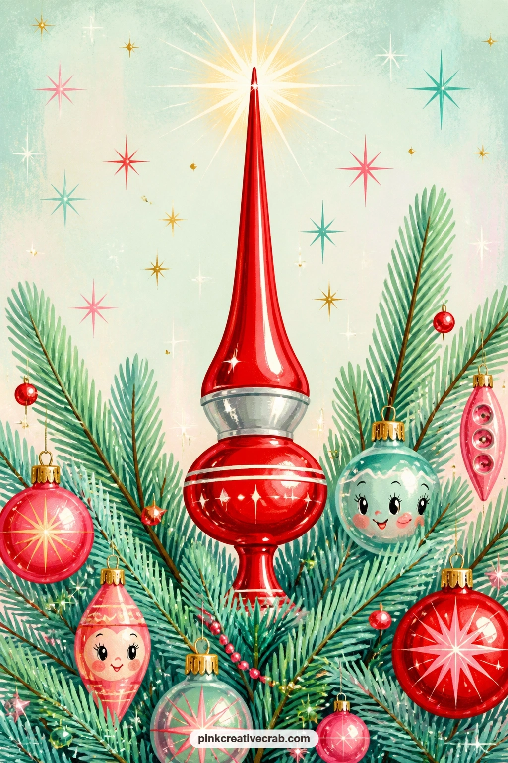 Red Tree Topper Spire With Silver Band printable page — The red spire topper stands tall with its silver band catching a painted starburst above it, a scatter