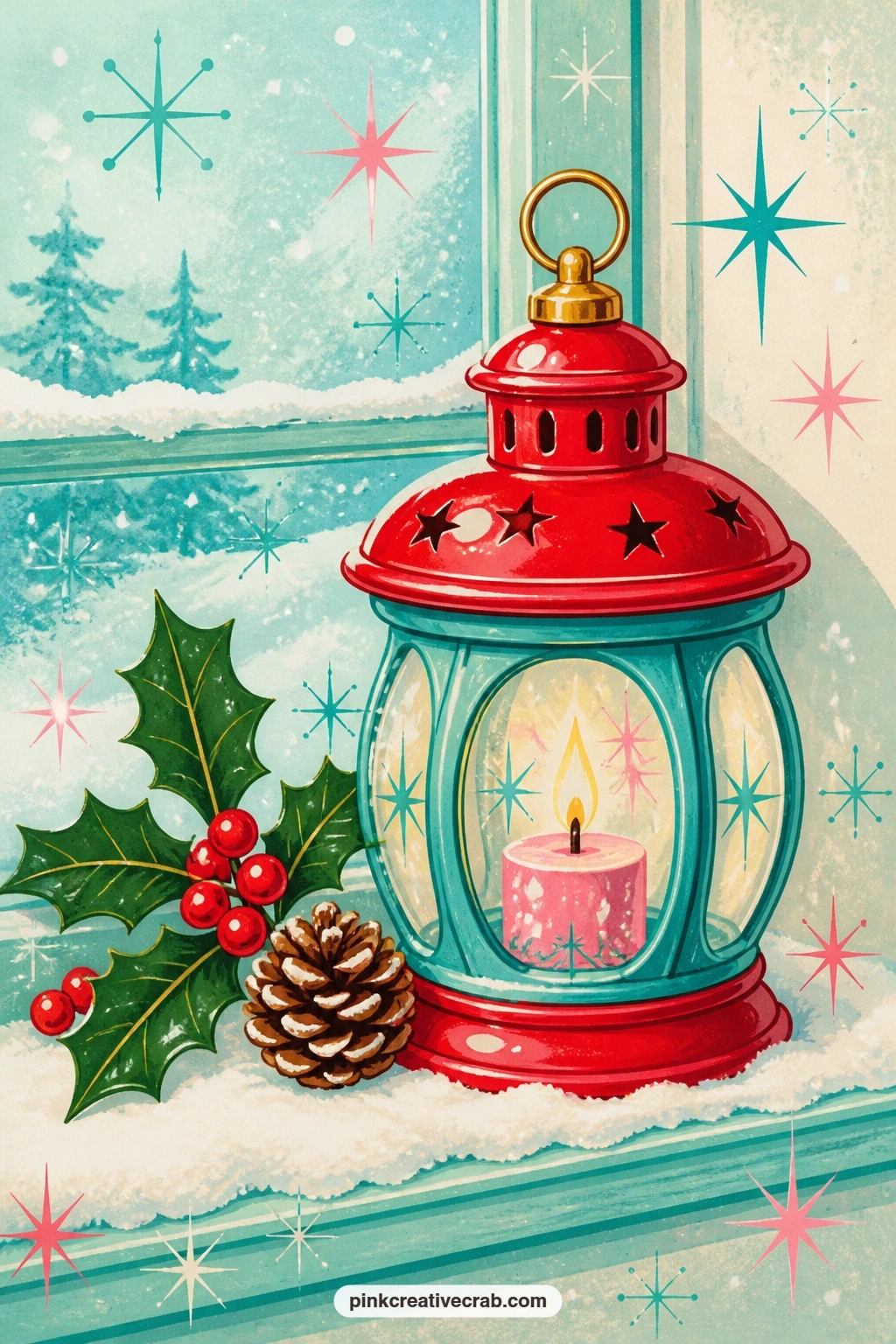 Candle Lantern On Snowy Windowsill printable page — This one pairs naturally with the window wreath page just before it: glue both sheets back to back so the