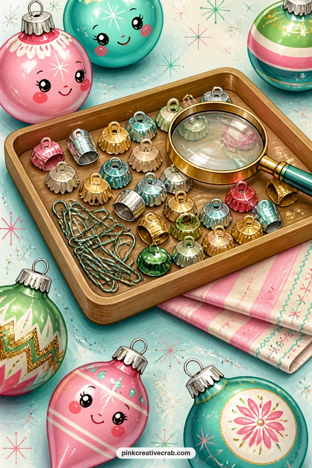 Work Table Of Ornament Caps And Hooks printable page — A tray holds loose ornament caps, a handful of wire hooks and a magnifying glass, everything a collector
