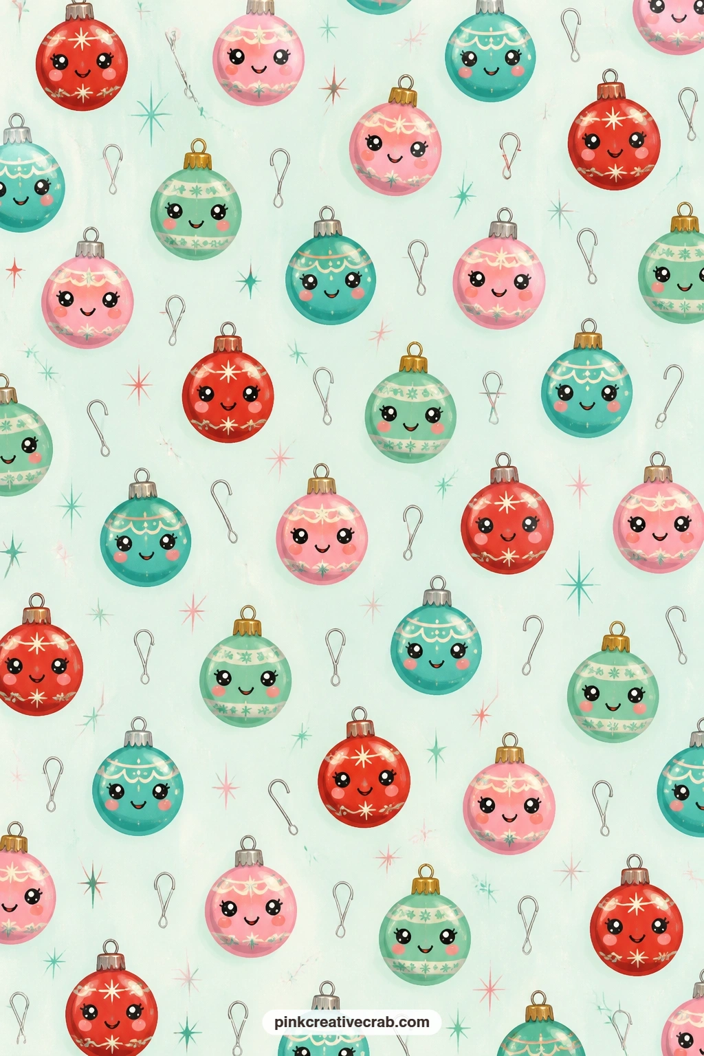 Glass Ornament And Hook Pattern printable page — Use this soft mint pattern of tiny glass ornaments and wire hooks as a pocket lining behind the box divider