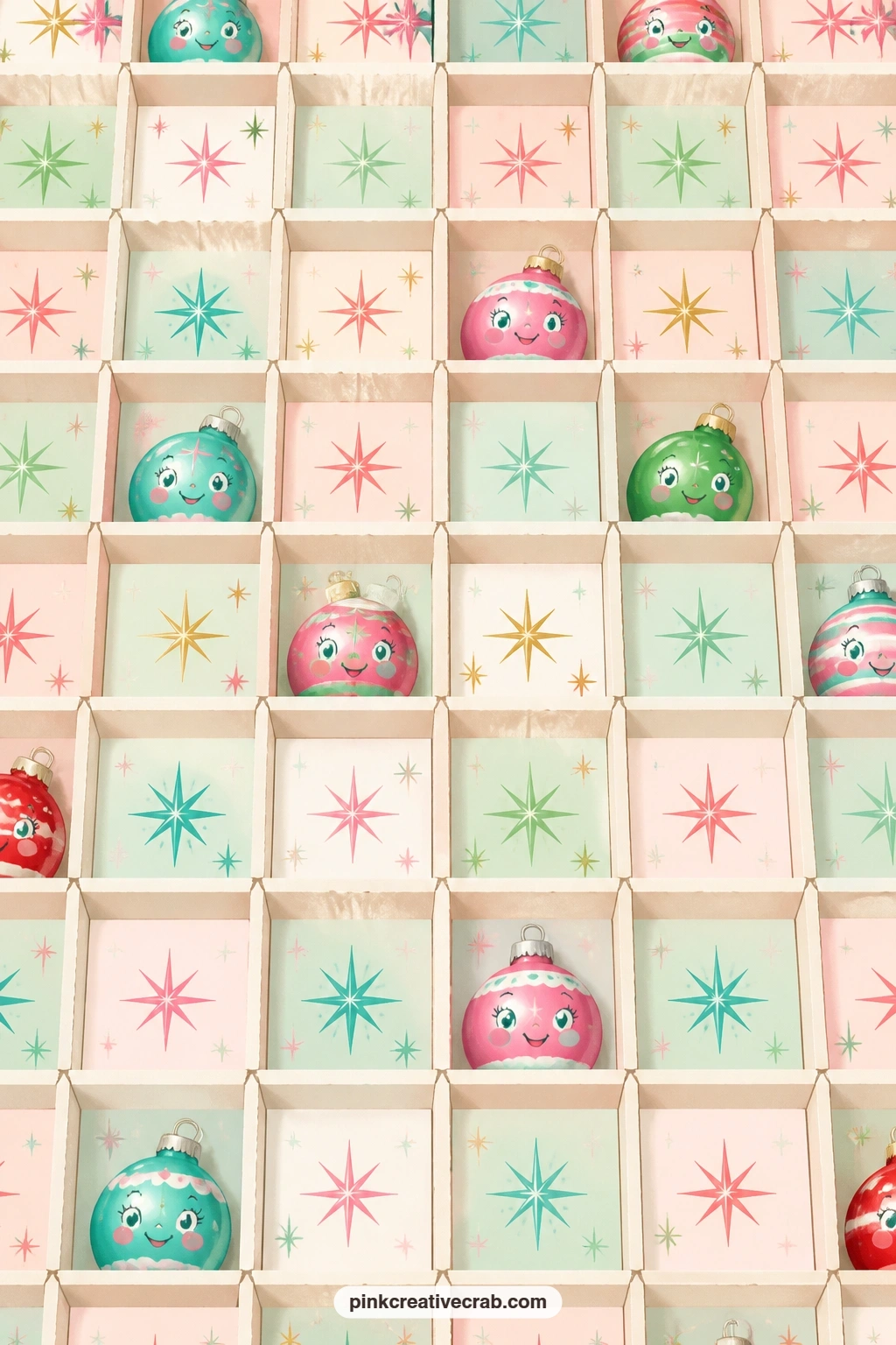 Ornament Box Divider Grid printable page — This grid echoes real cardboard ornament dividers, so it works well as a pocket lining behind the reflector bauble