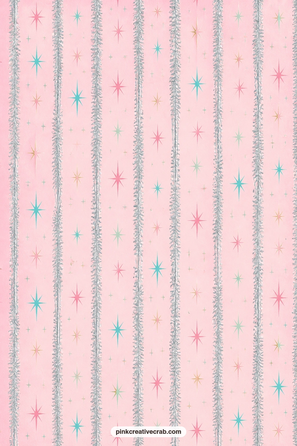 Tinsel Icicle Stripe Pattern printable page — Pale pink stripes carry small silver tinsel icicles from edge to edge, good under a photo of a decorated tree, as