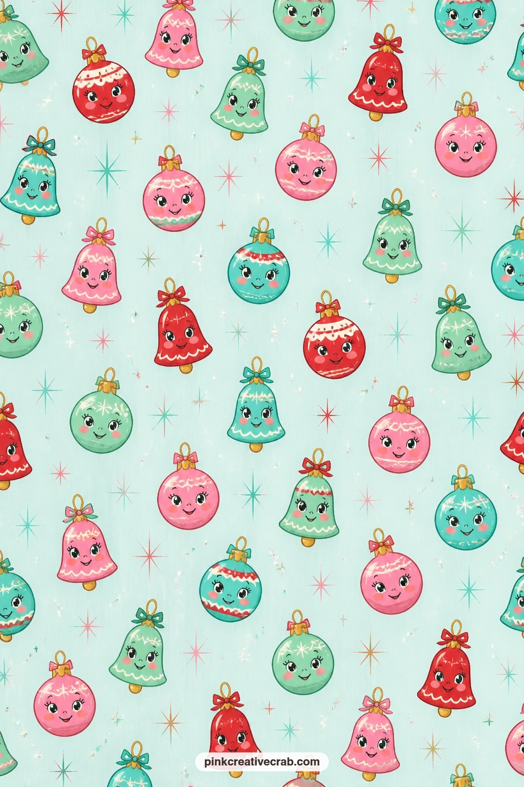 Tiny Bell And Bauble Pattern printable page — Small bells and round baubles scatter evenly across pale aqua, a good choice under a family photo page, as a