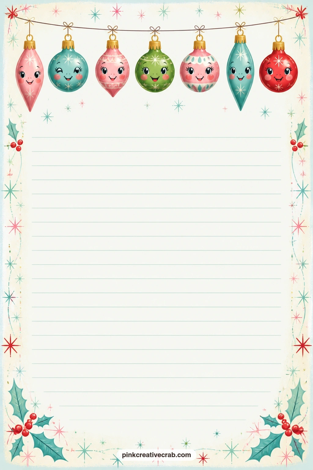 Hanging Ornament Row Lined Page printable page — Use the top band of hanging ornaments as a header for a gift list, a short letter to next year's tree