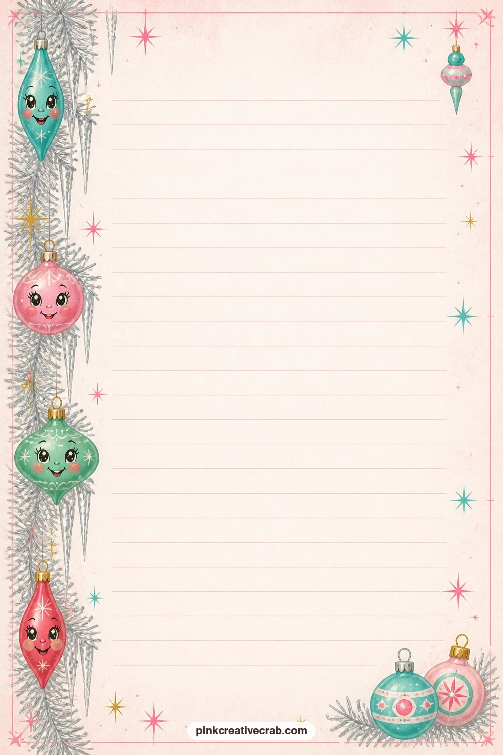 Tinsel Icicle Side Border Lined Page printable page — Write a short description of the oldest ornament in your collection down this column, a wish list for