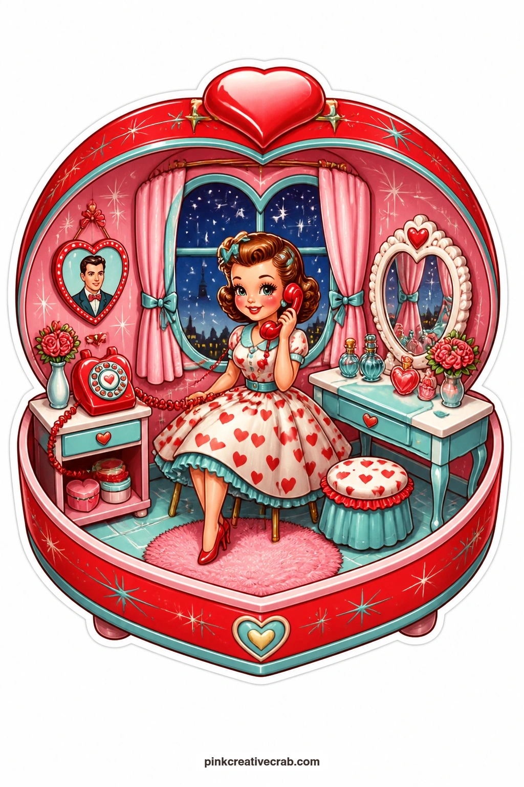 The Heart Telephone Room printable page — Picture this one anchoring a journal page about long phone calls, tucked beside a scrap of old script and a paper