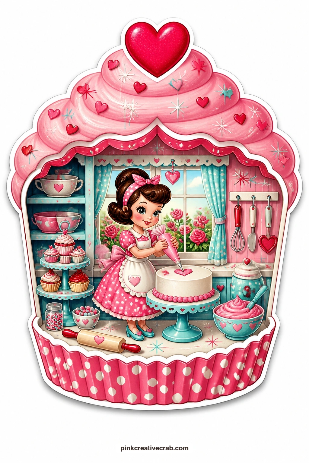 The Pink Heart Cupcake printable page — Cut this cupcake diorama close around the wrapper and glue it onto kraft cardstock with a scalloped pink mat behind it