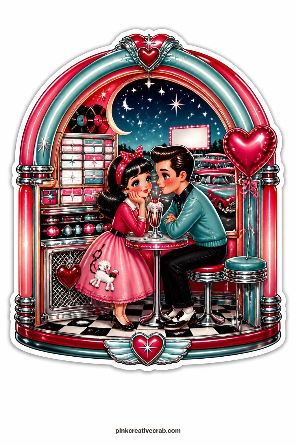 The Drive-In Jukebox printable page — Share this jukebox scene with a sewing box card from further down this set and send a matching pair to two friends who