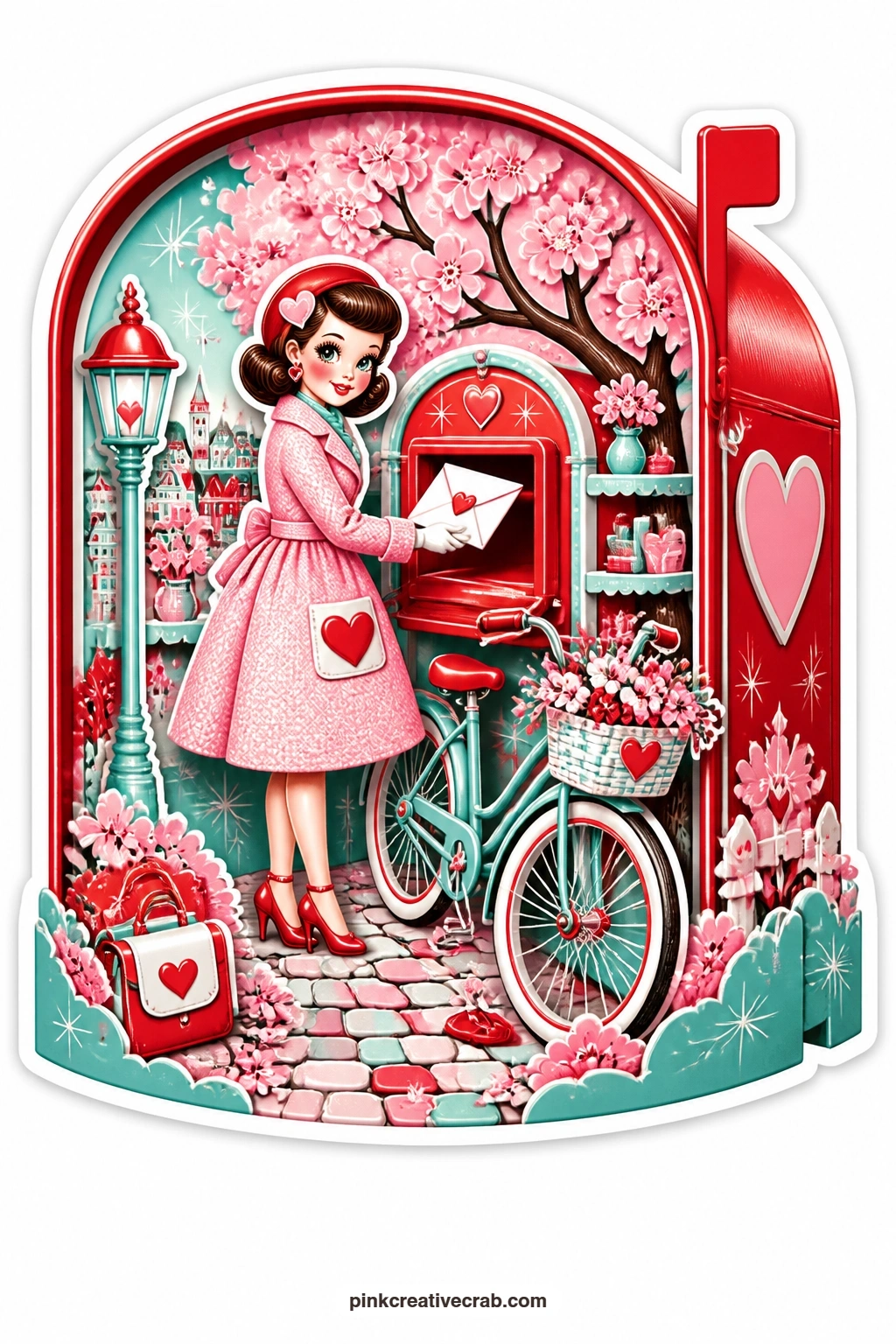 The Love Letter Mailbox printable page — Posting a love letter at a little red mailbox, a lady in a swing coat drops in an envelope while a bicycle leans