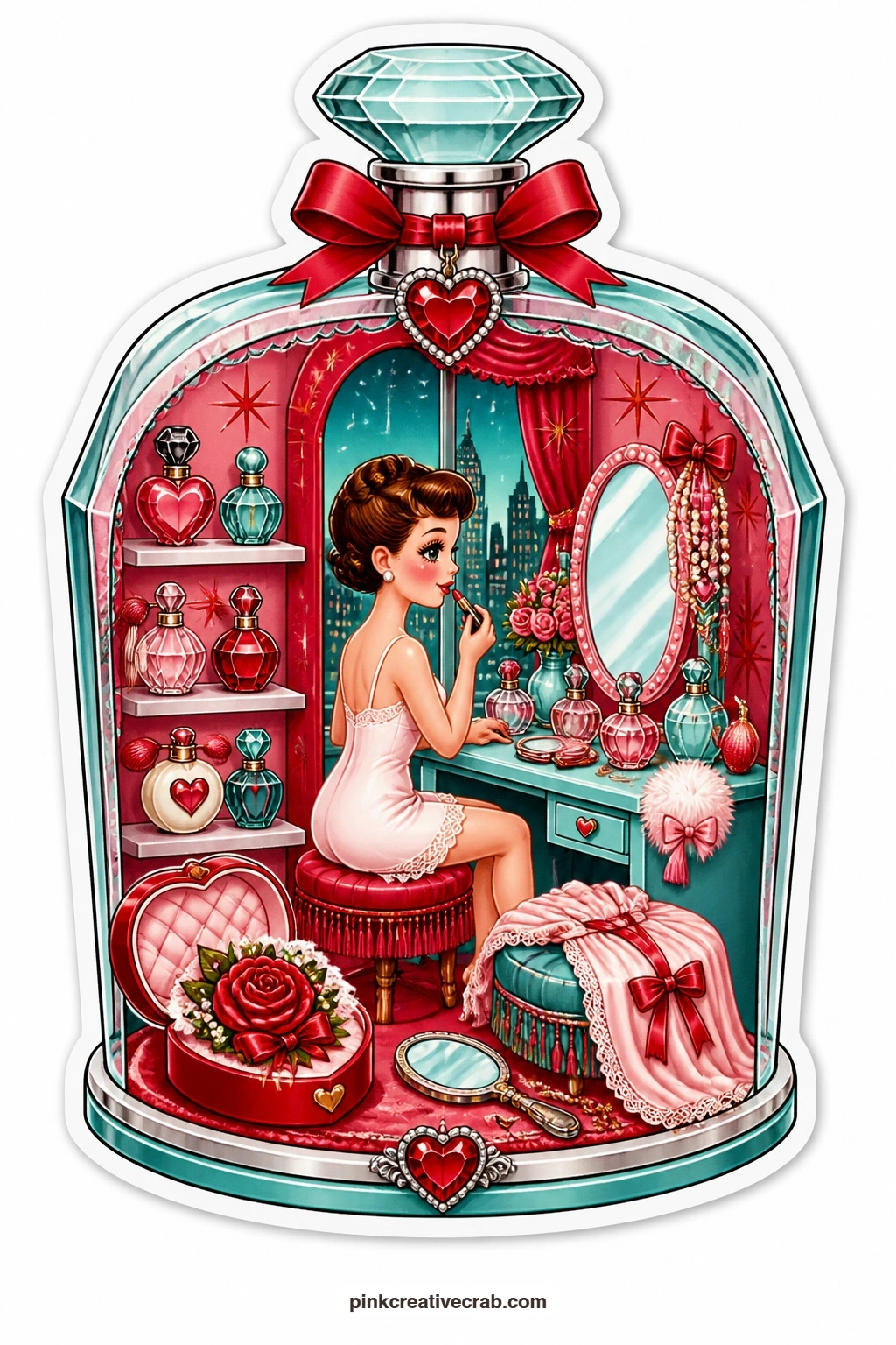 The Vanity Perfume Bottle printable page — Cut this one out whole and mount it on a narrow strip of lace for the card front, leaving extra white space above