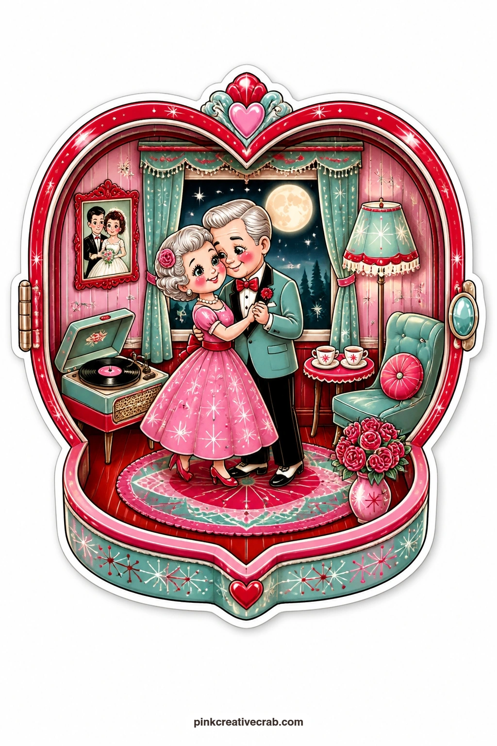 The Dancing Locket printable page — Opened like a tiny parlor, this heart-shaped locket holds an elderly couple dancing slowly together while a record player