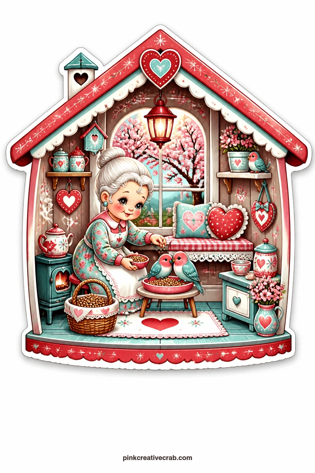 The Lovebird Birdhouse printable page — Give this birdhouse scene to a grandmother who still feeds the birds every morning, mounted on cream cardstock with a