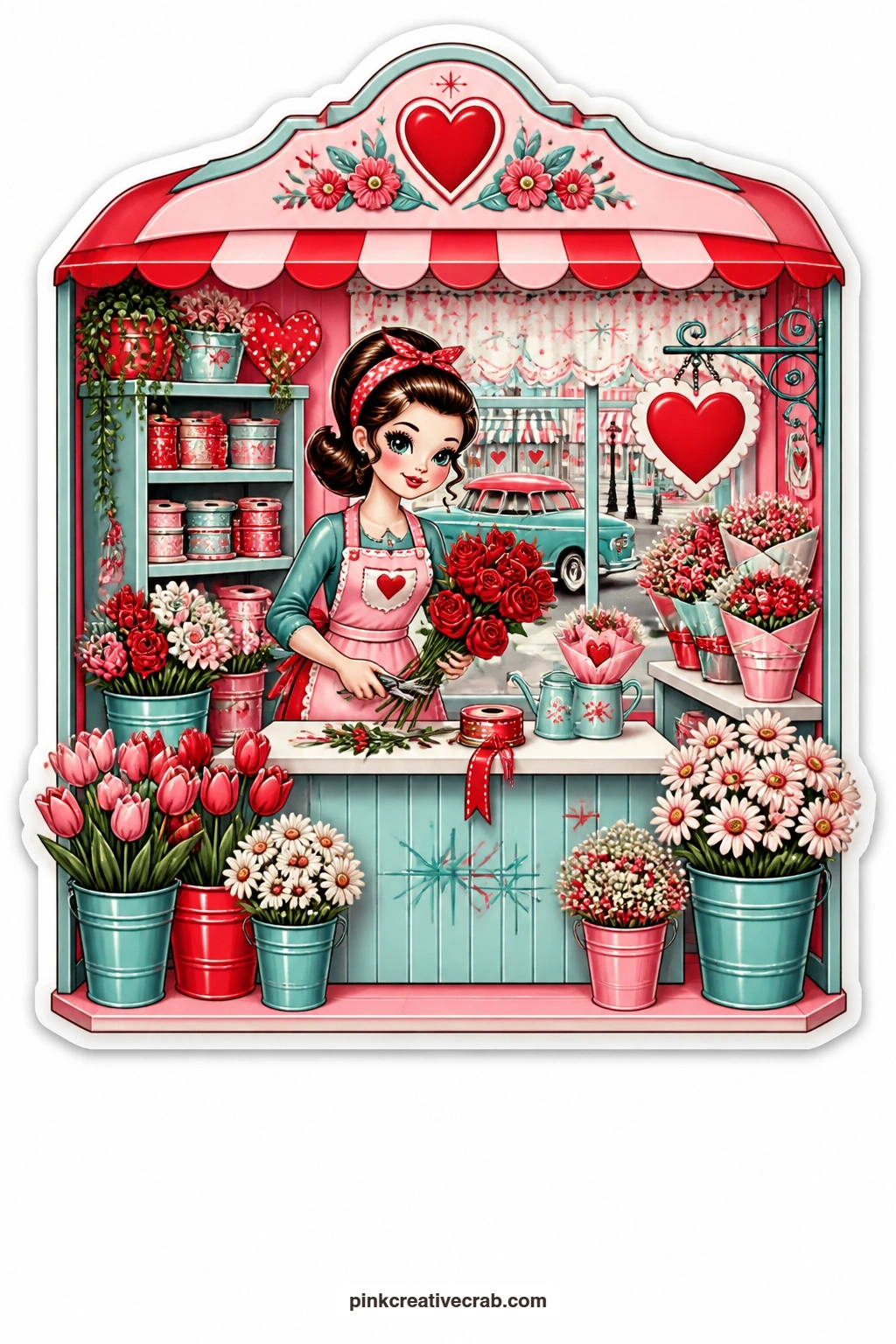 The Flower Shop Box printable page — Arranging red roses behind her counter, a florist lady fills buckets with tulips while a busy street scene glows through