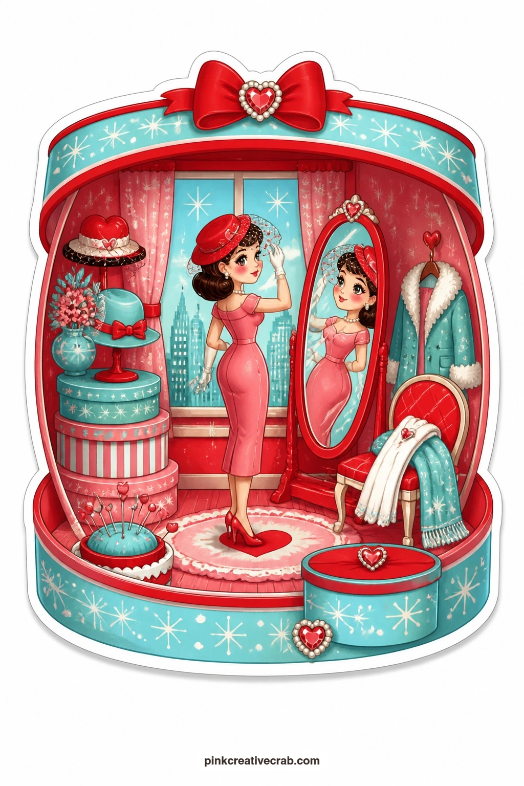 The Hat Box Mirror printable page — Trying on a hat trimmed with a heart-shaped veil, a lady admires herself in a standing mirror while a city skyline glows
