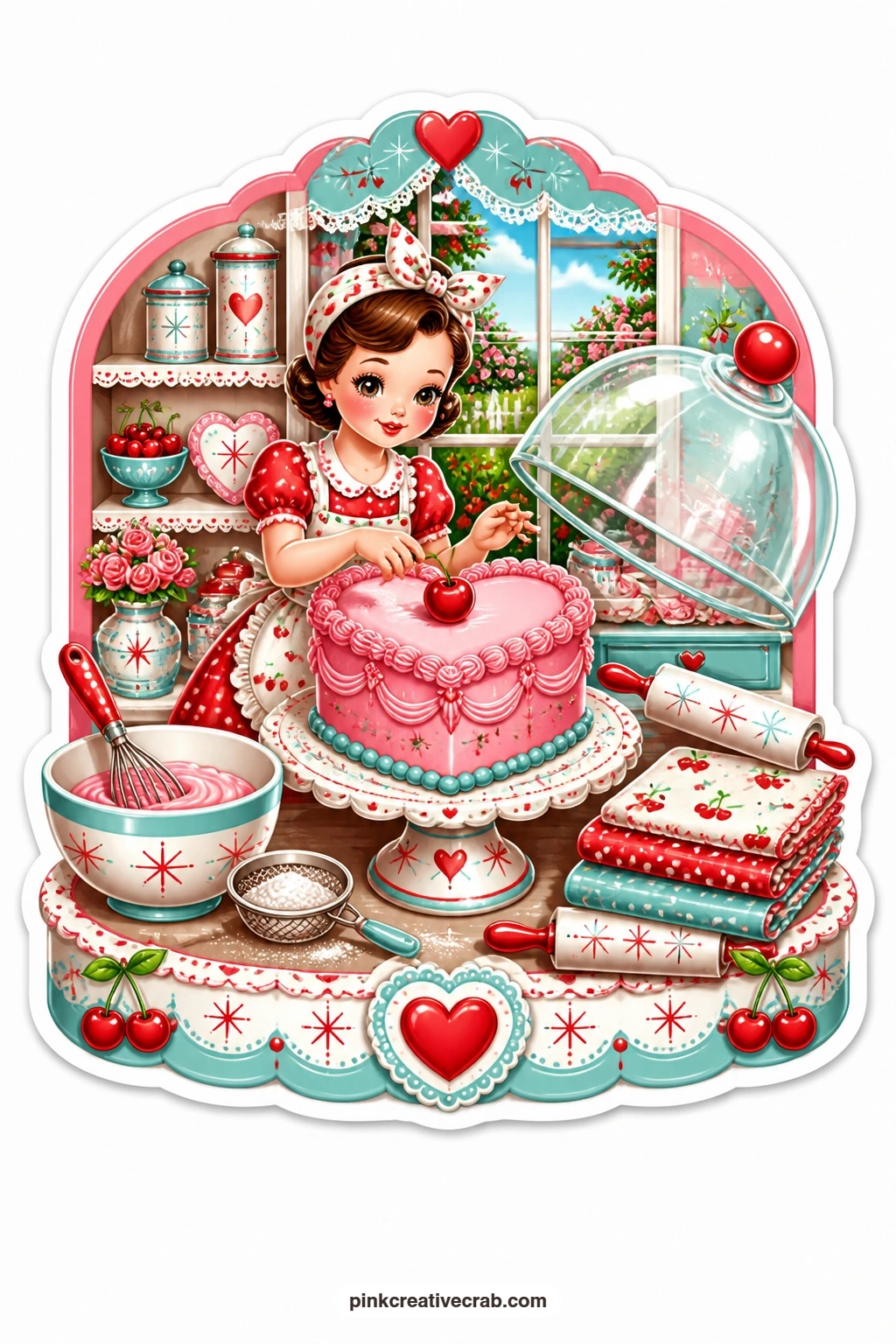 The Cherry Heart Cake printable page — Lifting the glass dome off a tall pink heart cake, a lady sets a bright red cherry on top while a garden window glows