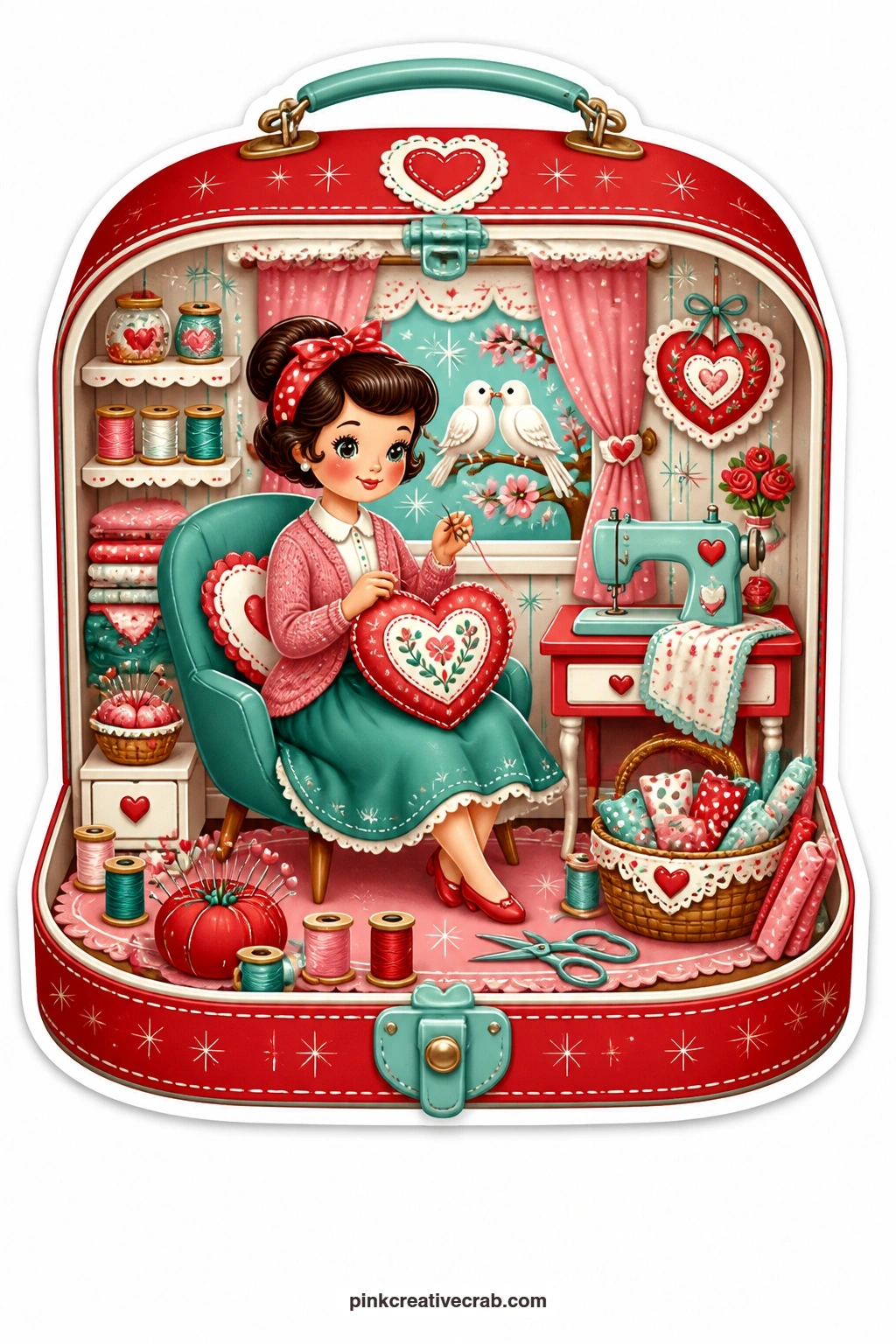 The Stitched Heart Sewing Box printable page — Stitching a small heart pillow by hand, a lady sits surrounded by spools of thread while a window behind her