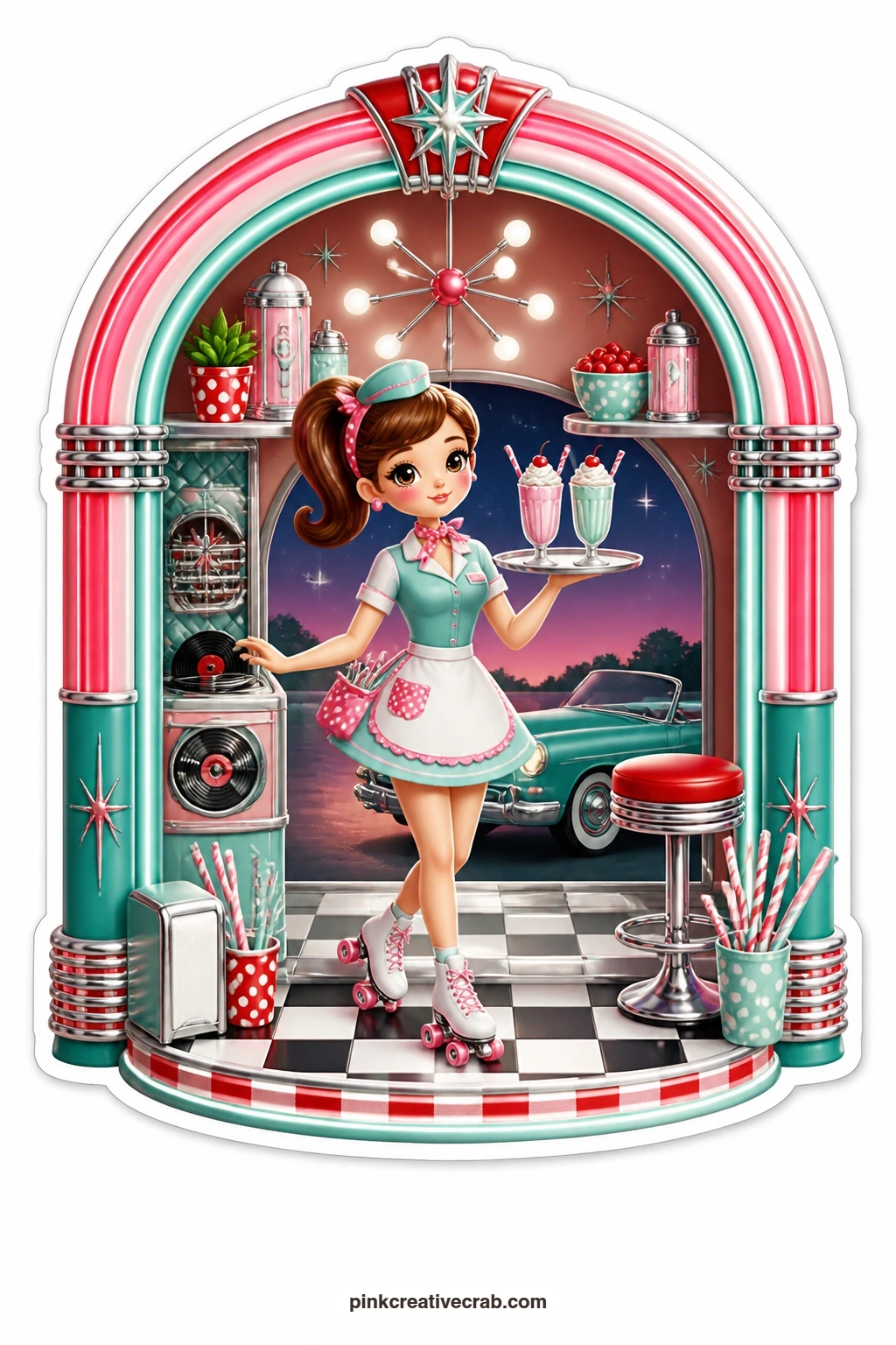 The Jukebox Carhop printable page — Picture a jukebox opened at the front like a little room, glowing with a carhop on roller skates balancing a tray of shakes