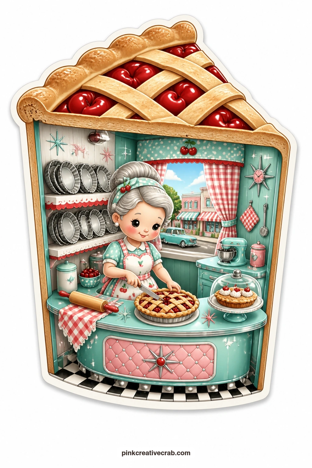 The Pie Lady's Kitchen printable page — Find a pie shaped room opened like a stage, where a cheerful pie lady slices a cherry pie beside a glass cake dome and