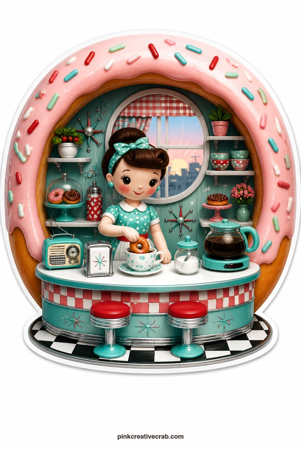 The Donut Counter printable page — Dunking her donut into a steaming cup, a lady at the counter sits inside a donut shaped diorama lit by an early morning
