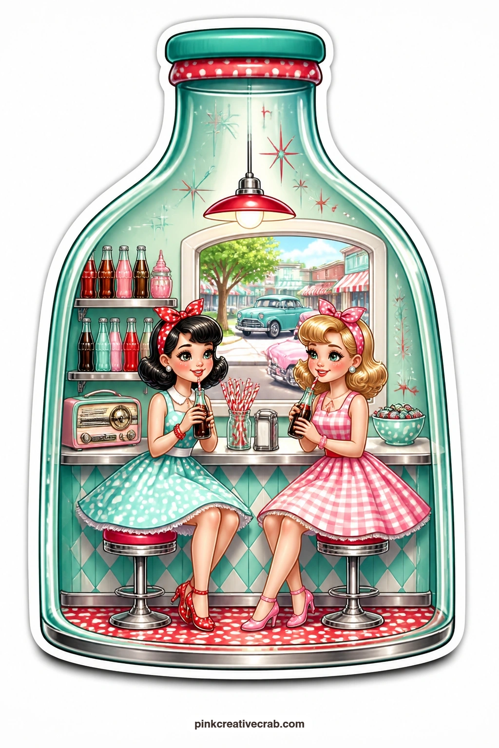 The Soda Bottle Friends printable page — Two friends sip colas side by side at the counter inside a soda bottle opened at the front, with a straw jar and a