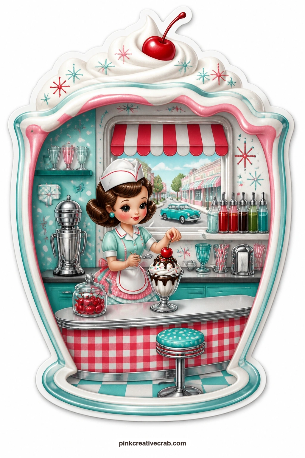 The Milkshake Sundae Window printable page — Peek into a milkshake glass opened at the front where a soda fountain girl tops a sundae, a cherry jar glinting