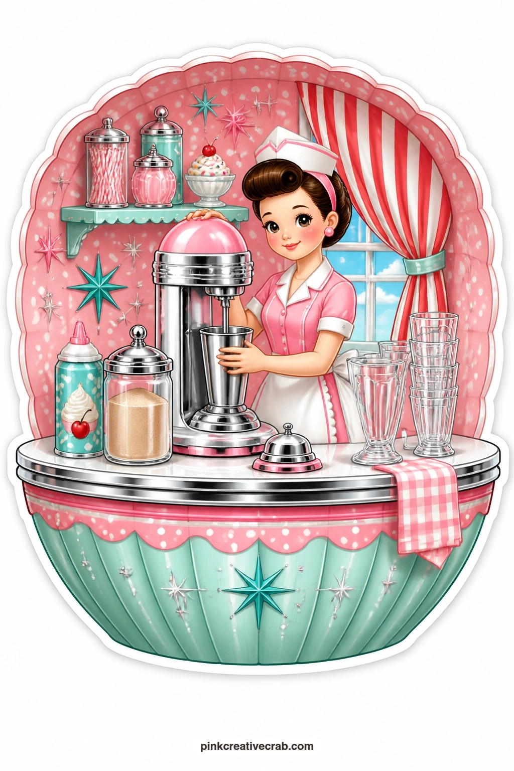 The Malt Mixer printable page — Standing at a chrome mixer, a soda fountain lady blends a thick malt inside a malt cup diorama trimmed with a whipped cream can