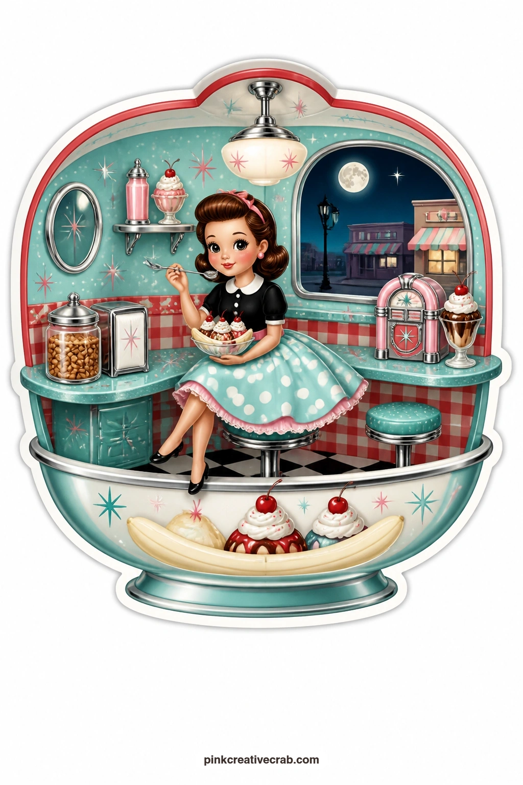 The Sundae Dish Banana Split printable page — Settled on a stool under a moonlit window, a lady digs into a banana split inside a sundae dish opened at the