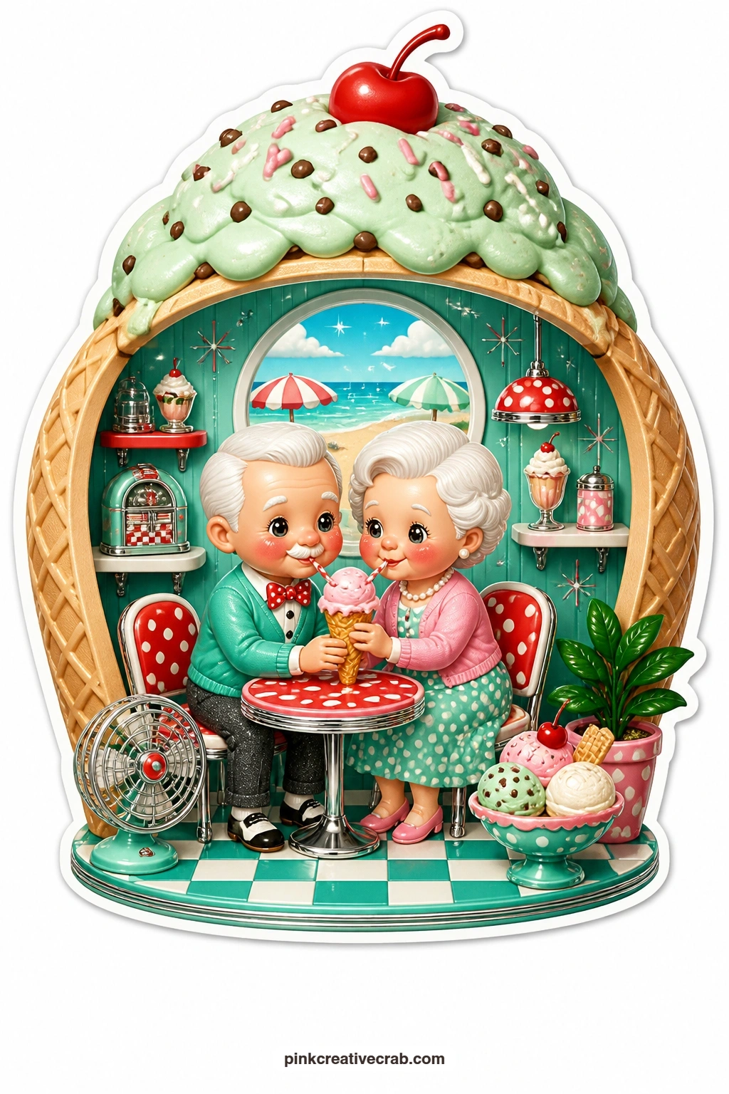 The Ice Cream Cone Couple printable page — Sharing one cone between two spoons, an elderly couple sits close together inside an ice cream cone diorama, a beach