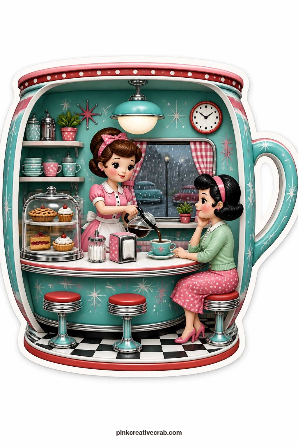 The Coffee Mug Counter printable page — Rain streaks the window behind a waitress pouring fresh coffee at the counter inside a coffee mug diorama opened up