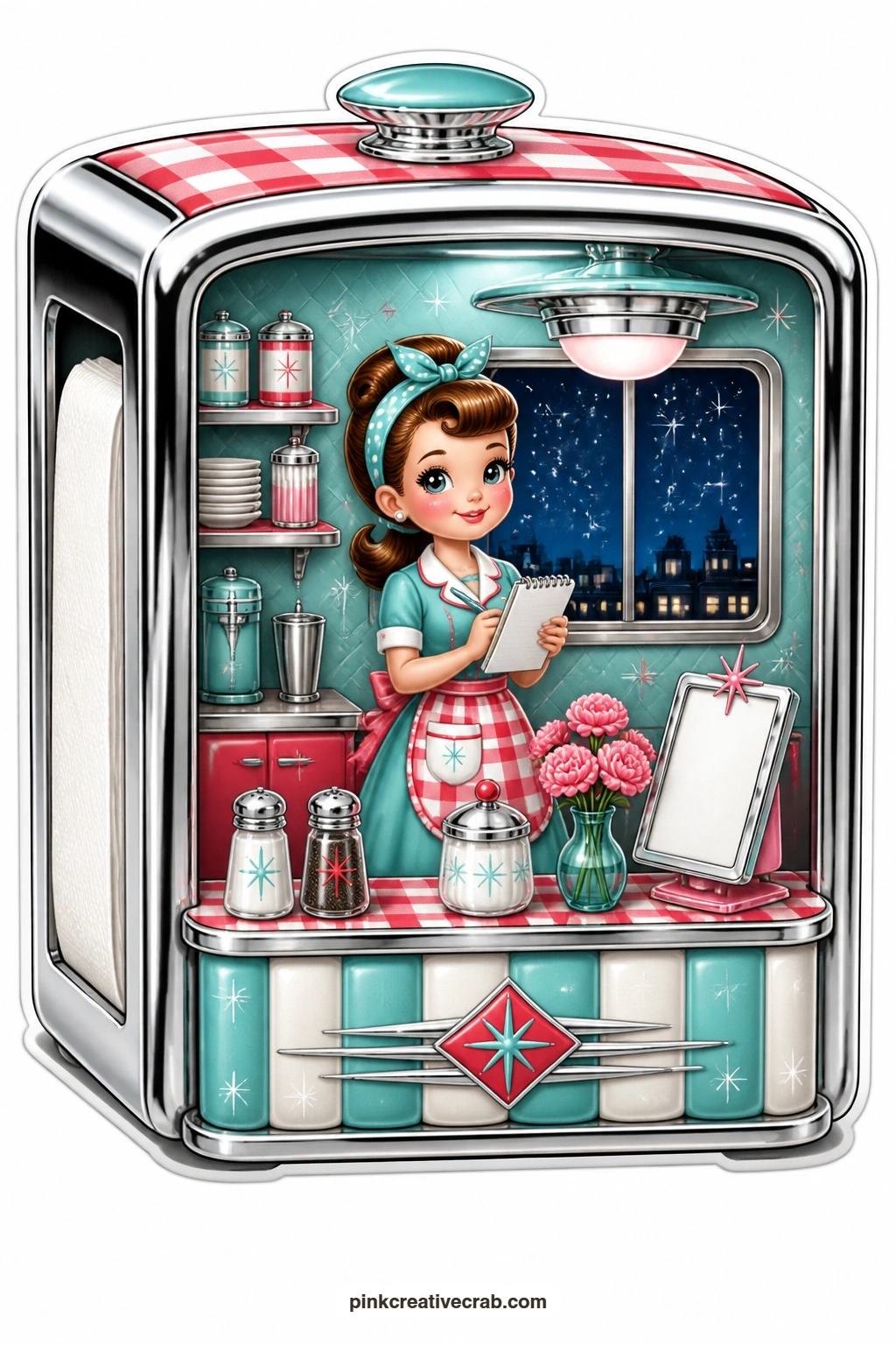The Napkin Dispenser Order printable page — Pencil poised, a waitress takes an order inside a napkin dispenser opened at the front, salt and pepper shakers