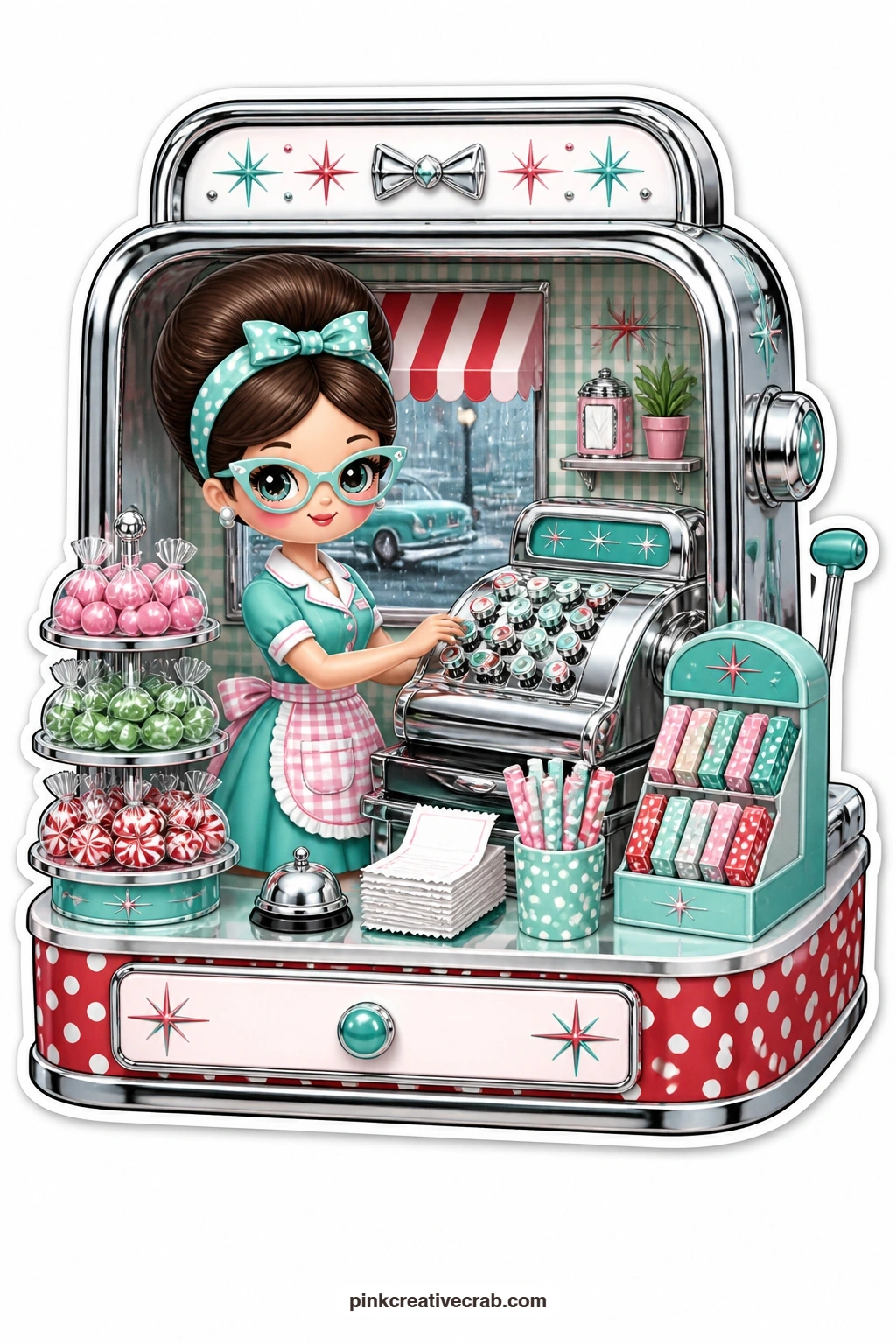 The Cash Register Cashier printable page — Ringing up a sale with a cat-eye smile, a cashier lady stands inside a cash register opened at the front, a candy
