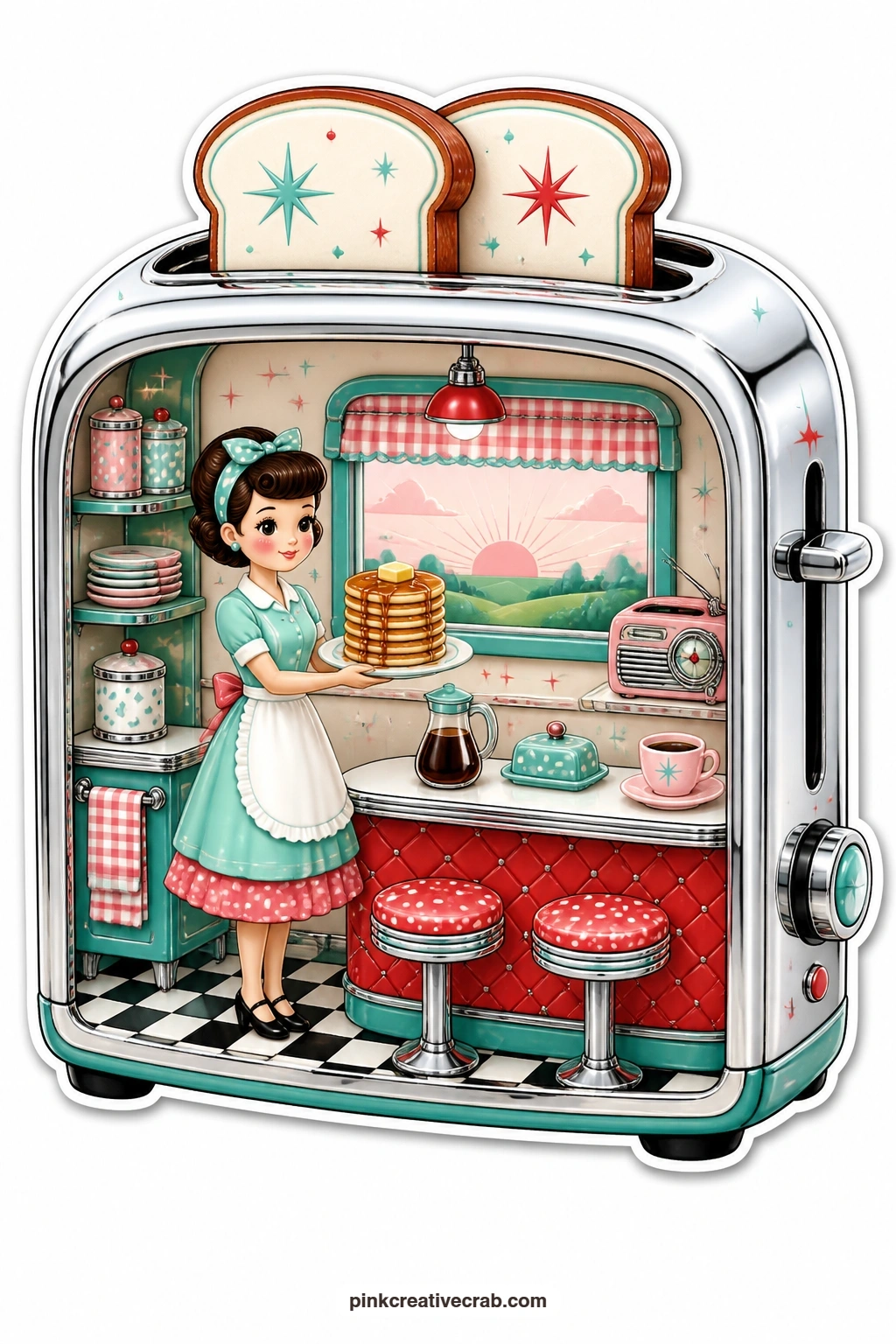 The Toaster Pancake Stack printable page — Sunrise light fills the back window of a toaster diorama where a waitress carries a tall stack of pancakes past a