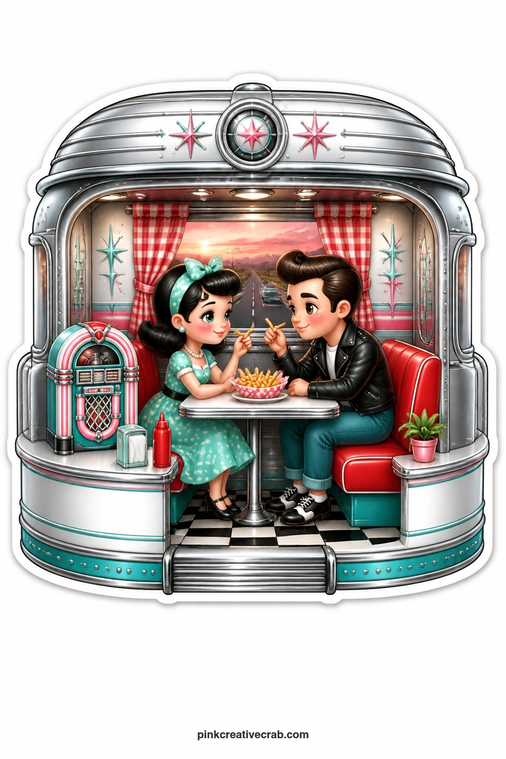 The Diner Car Booth printable page — Opened at the side, a silver diner car reveals a couple tucked into a red booth sharing fries, a tabletop jukebox glowing