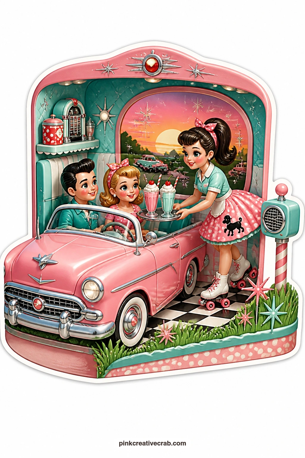 The Convertible Carhop Delivery printable page — Rolling up beside a parked convertible, a carhop delivers a tray of drinks to a couple settled in the front