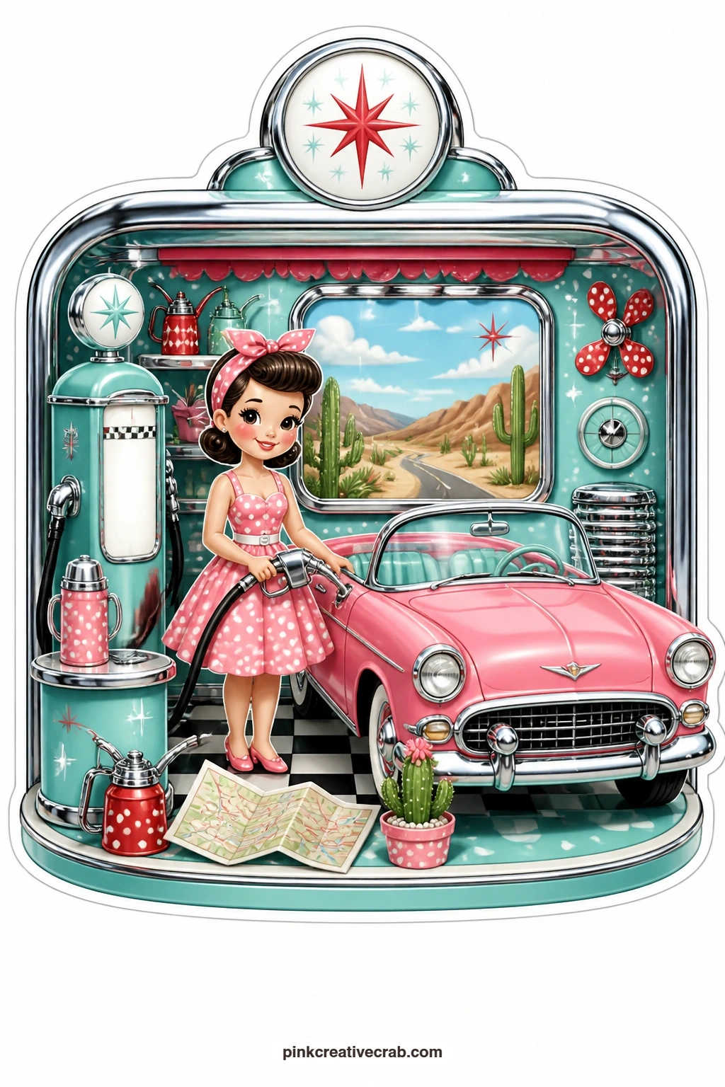 The Gas Pump Fill Up printable page — Smiling as she fills her own tank, a lady in a headscarf stands at a gas pump diorama opened at the front, a thermos