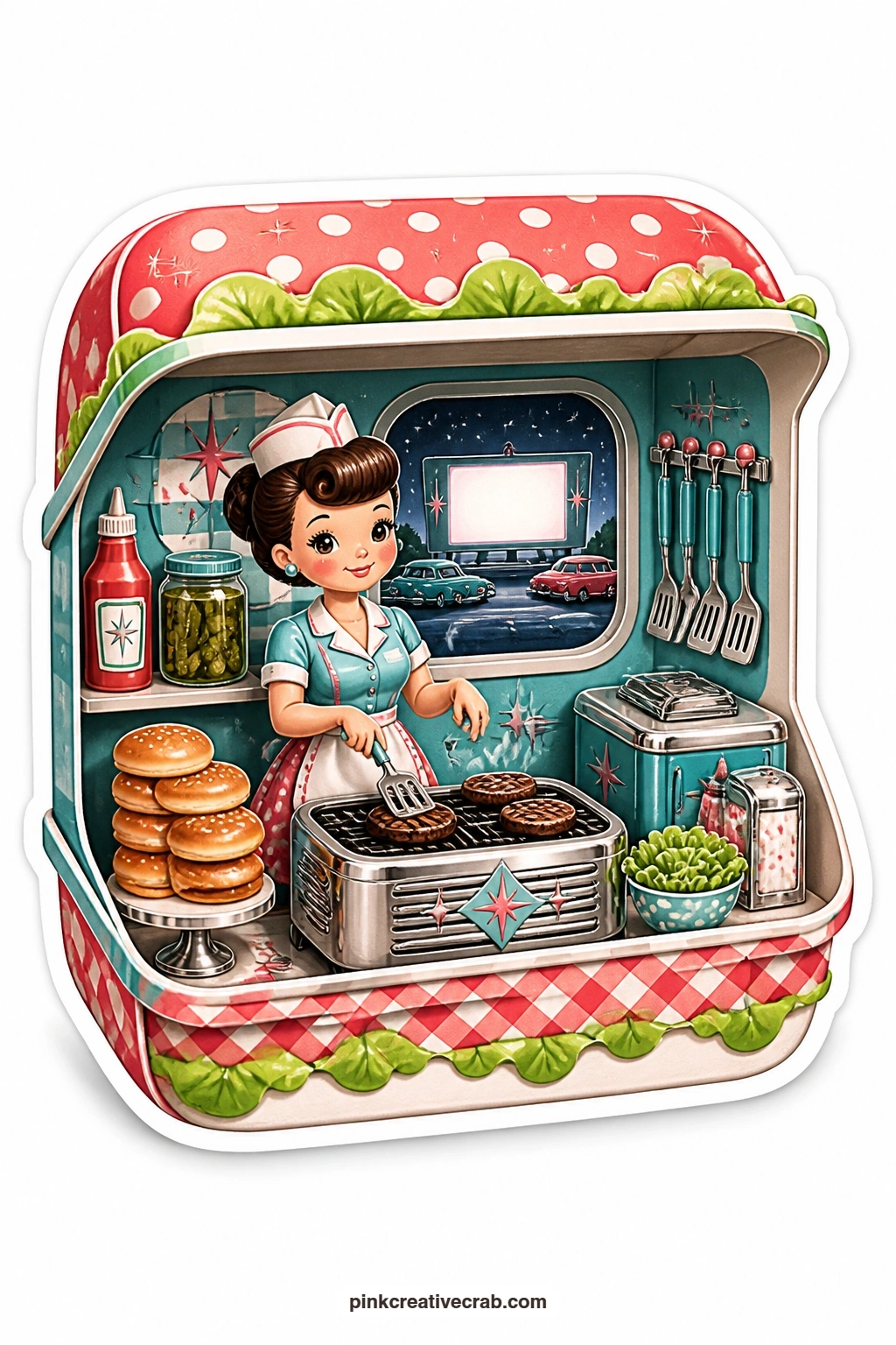 The Burger Box Grill printable page — Flipping patties on a sizzling grill, a cook lady works inside a burger box diorama opened at the front, a ketchup bottle