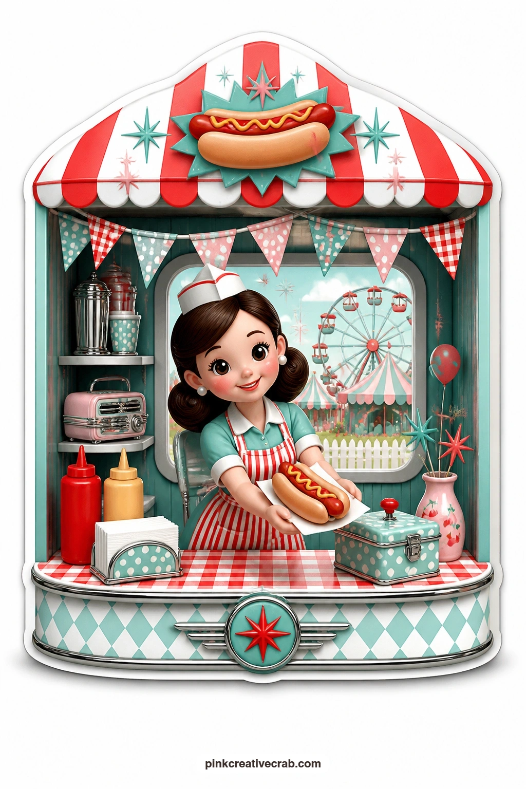 The Hot Dog Stand Fair printable page — Wearing a striped apron, a lady serves hot dogs from a cheerful stand opened at the front, mustard bottles lined up