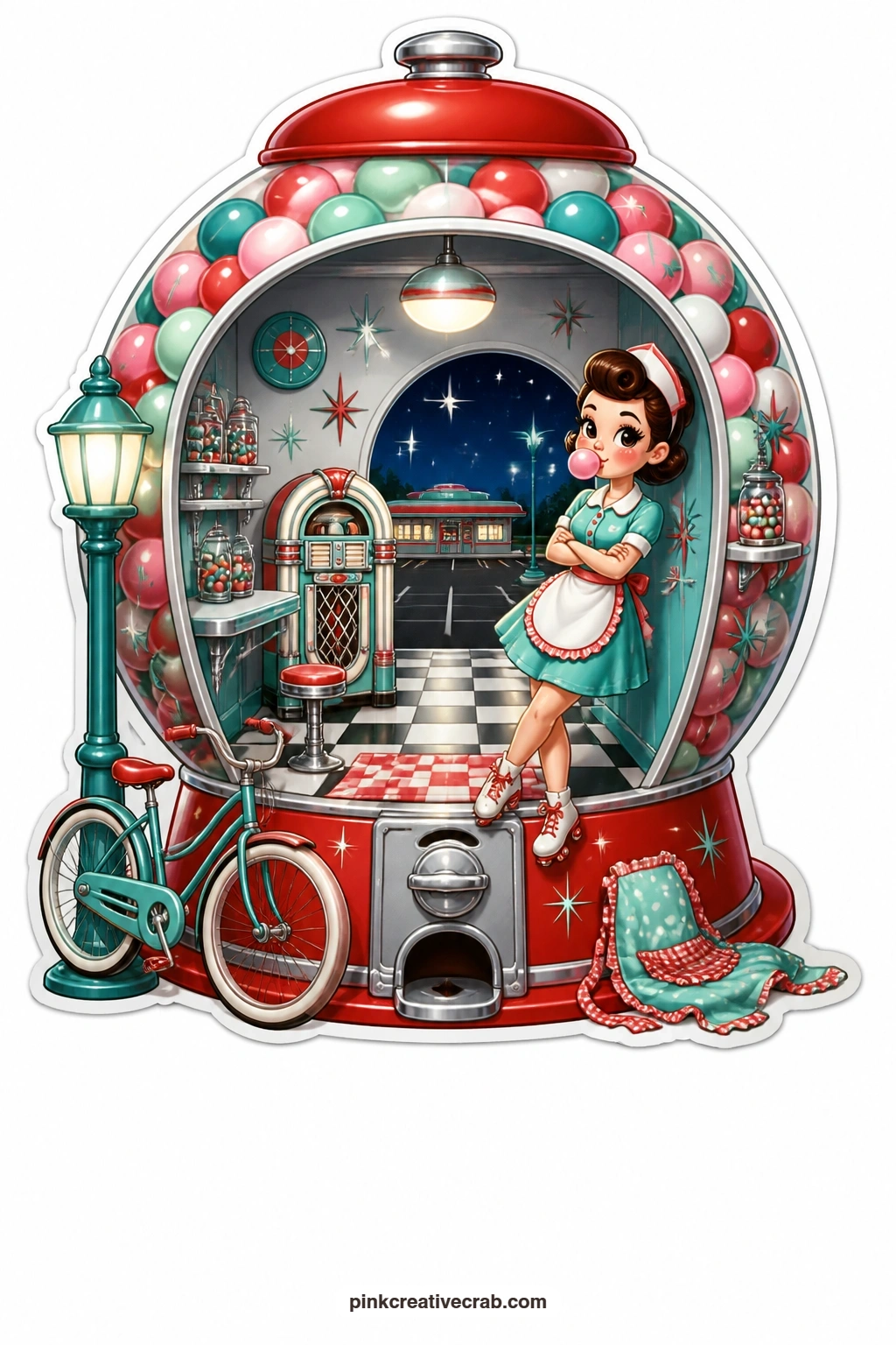 The Gumball Machine Break printable page — On her break, a waitress leans against a gumball machine diorama blowing a big bubble, a jukebox glowing nearby and
