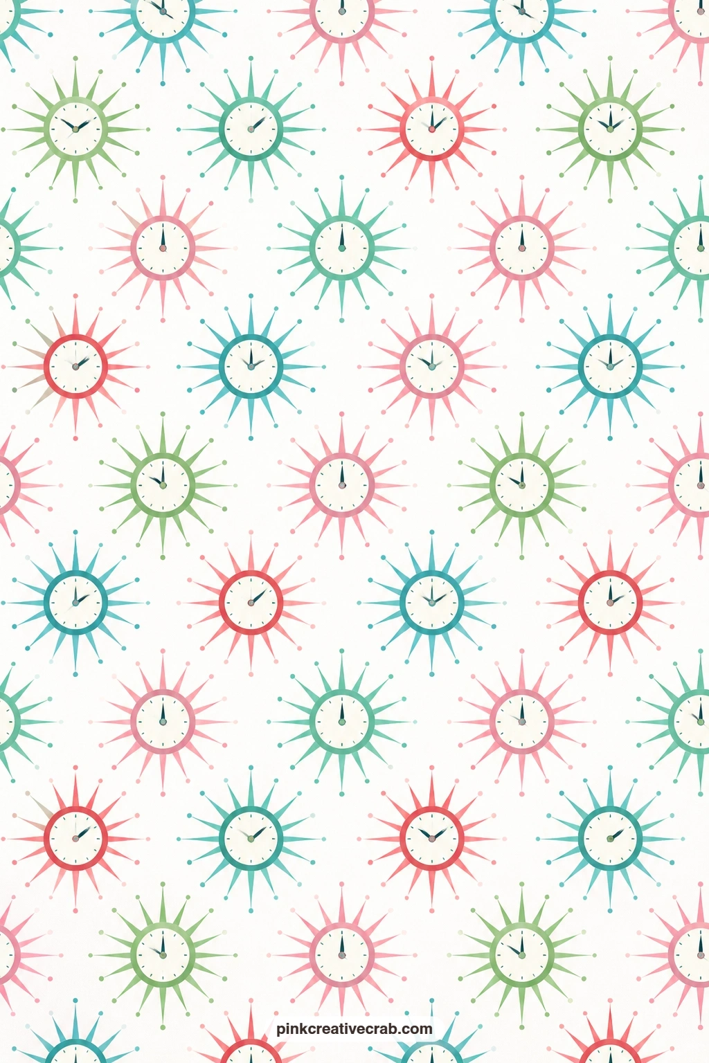 Atomic Clock Starburst Paper printable page — Pairs well with Gold Teal Starburst Paper if you want two busy sheets that still read as one retro set across a