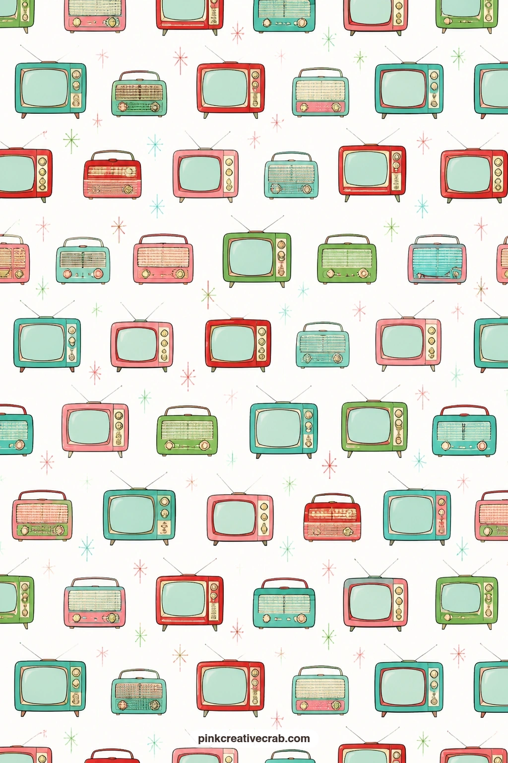 Boxy Television Row Paper printable page — Pairs nicely with Kidney Table Lamp Paper for a themed spread about vintage living rooms and home interiors. Atomic
