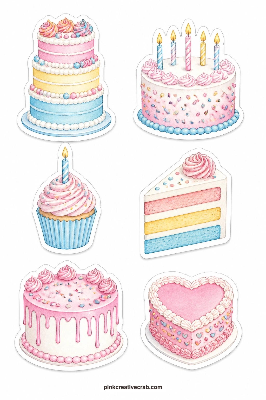 Layer Cake Stickers printable page — Six cake pieces make up this sheet: a tall layer cake, a cake with candles, a cupcake with a single candle, a cake slice