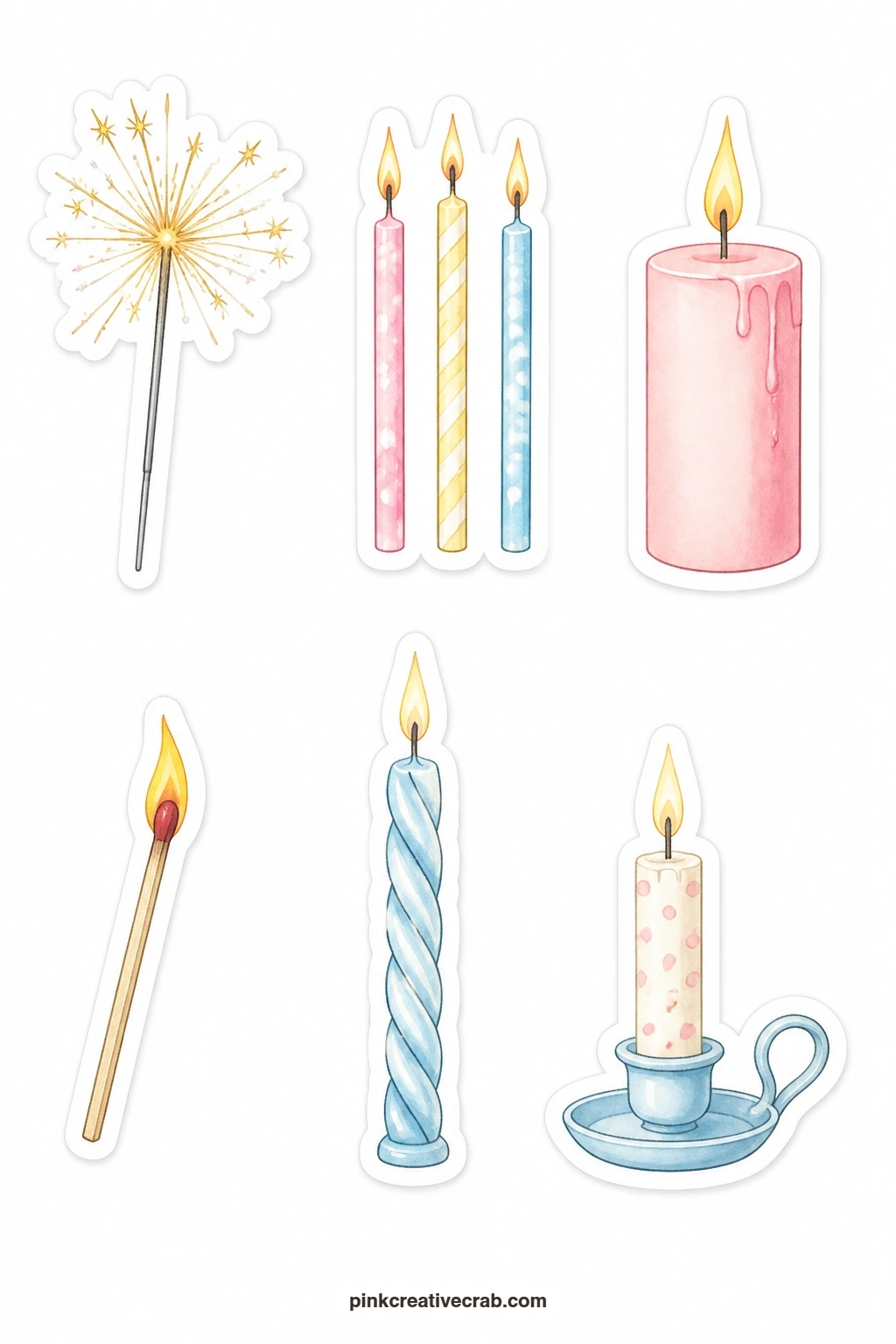Candles And Sparklers Stickers printable page — Light up a card corner with a sparkler, a candle trio, a single candle with a flame, a lit match, a twisted