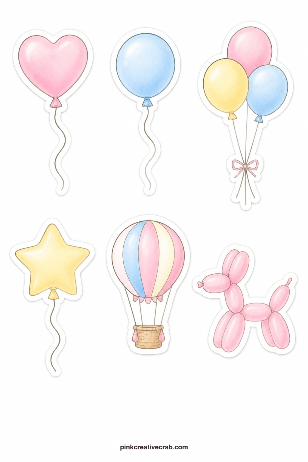 Heart Balloon Stickers printable page — Six balloon shapes float across this sheet: a heart balloon, a round balloon, a balloon bunch, a star balloon, a hot