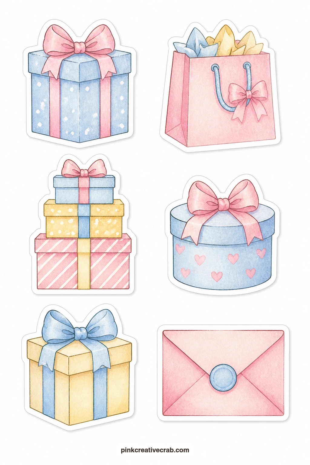 Gift Box Stickers printable page — A gift box, a gift bag, a stack of presents, a round box, a box tied with a bow and a sealed envelope fill this sheet, six