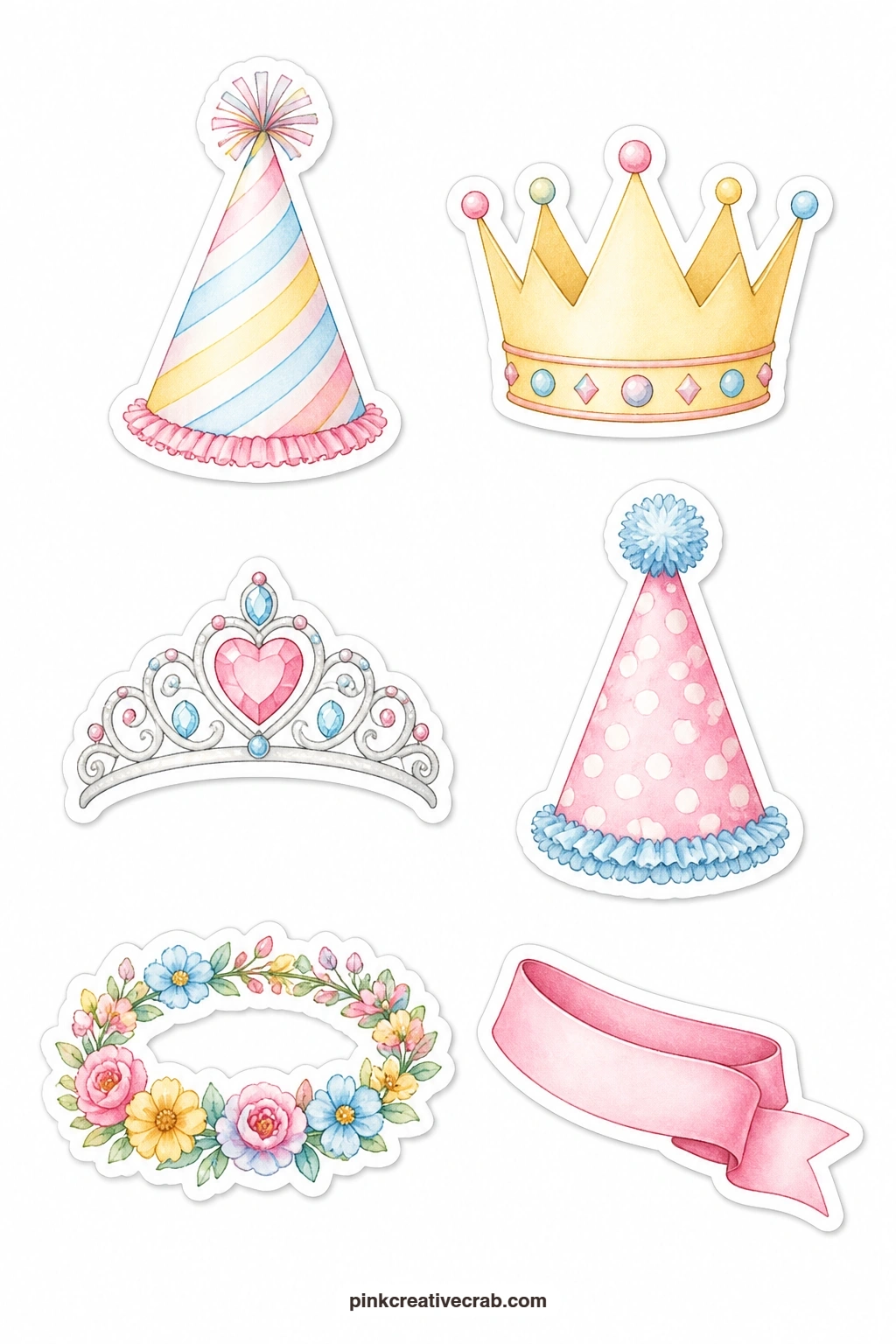 Party Hat Stickers printable page — Six head-worn party pieces sit on this sheet: a cone party hat, a paper crown, a tiara, a cone hat topped with a pom pom, a